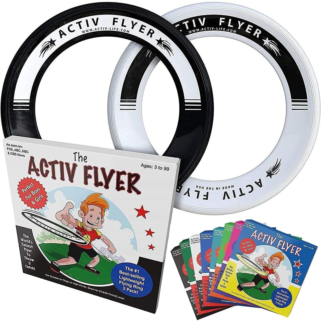Activ Life 2 Pack Flying Rings for Kids, Fun Beach Toys, for Boys & Girls, Cool Family Outdoor Games, Play at Swimming Pool, Playground, Basket Fillers Birthday Presents, White/ Black, For Ages 3-14